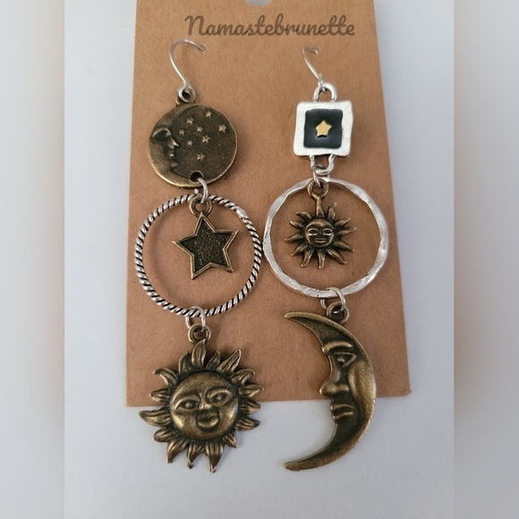 Metal Boho Celestial Sun Moon Star Dangle Earrings - Picture 17 of 17